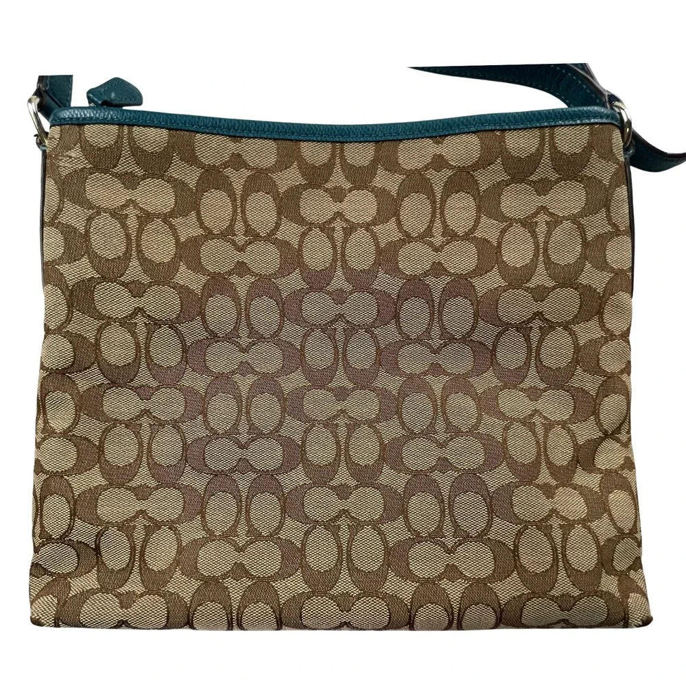 Coach Women Signature Monogram Crossbody Bag Purse Brown Teal Leather Trim *Flaw